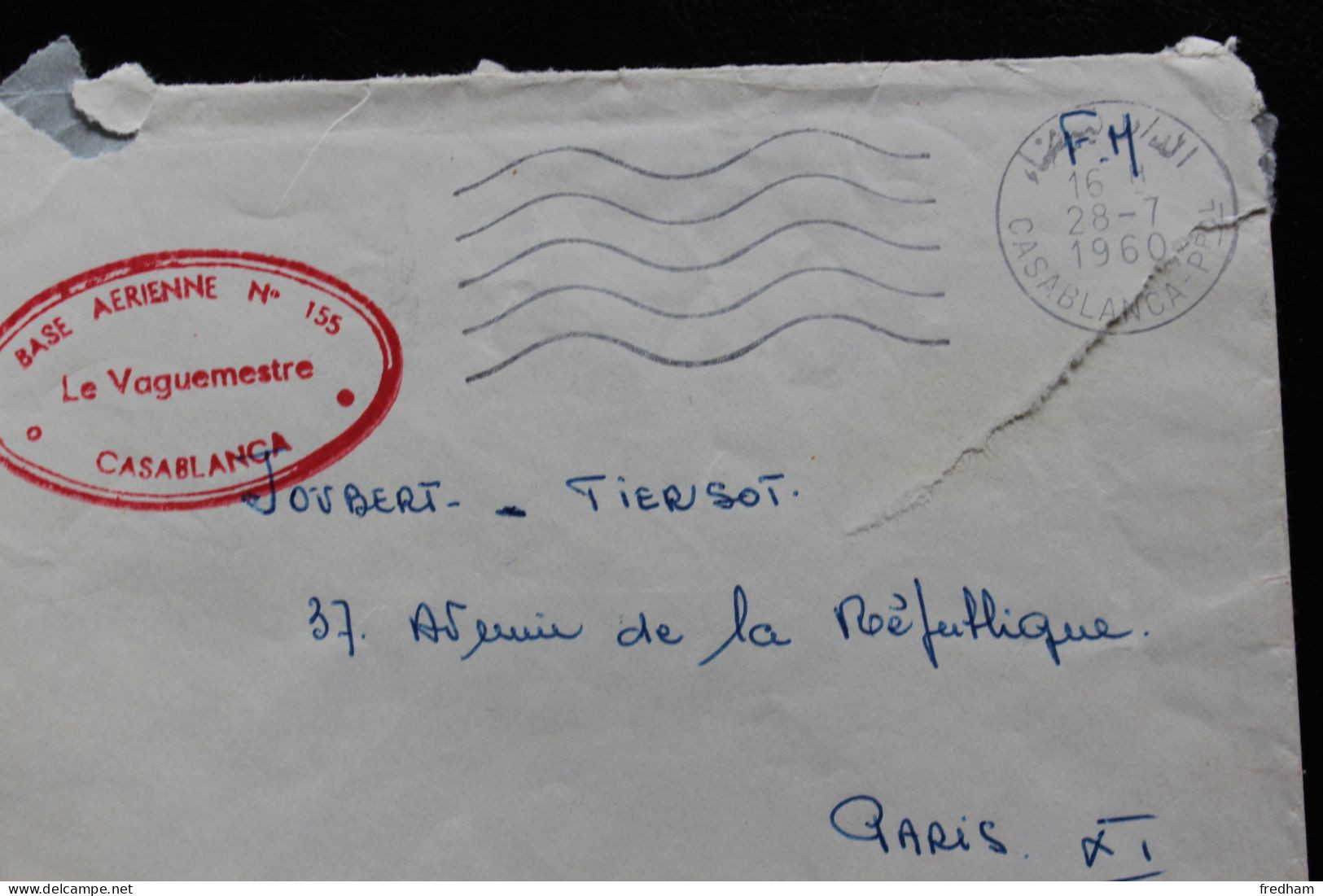 1960 MAROC LSC  FM CACHET ROUGE BASE AERIENNE NO 155 CASABLANCA OMEC 5 LO  DU 28/07/1960 POUR PARIS - Military Airmail