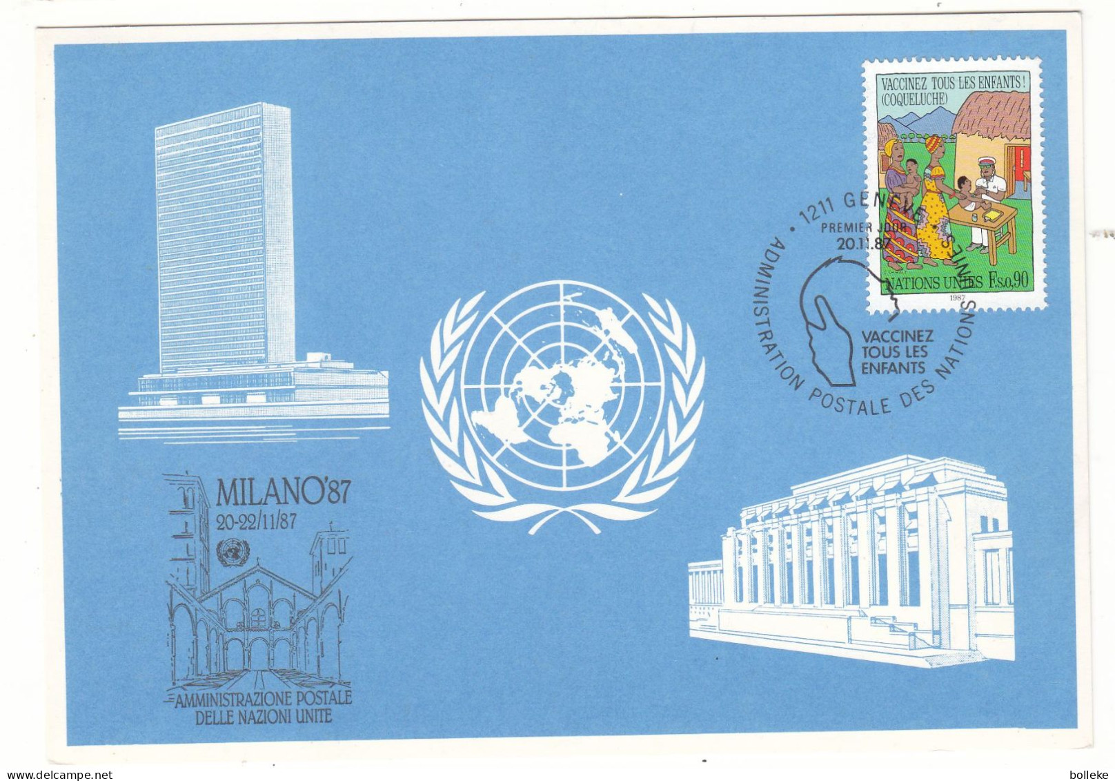 Nations Unies - Suisse - Carte Postale Bleue De 1987 - Oblit Genève - Cachet Expo Milano 87 - - Covers & Documents