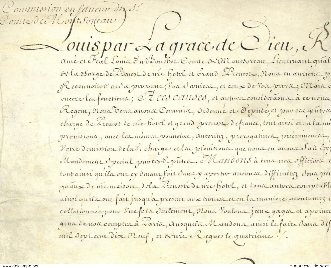 Maison Du Roi Brevet De Grand Prevot De France 1719 Louis XV Marquis De Sourches - Documenti Storici
