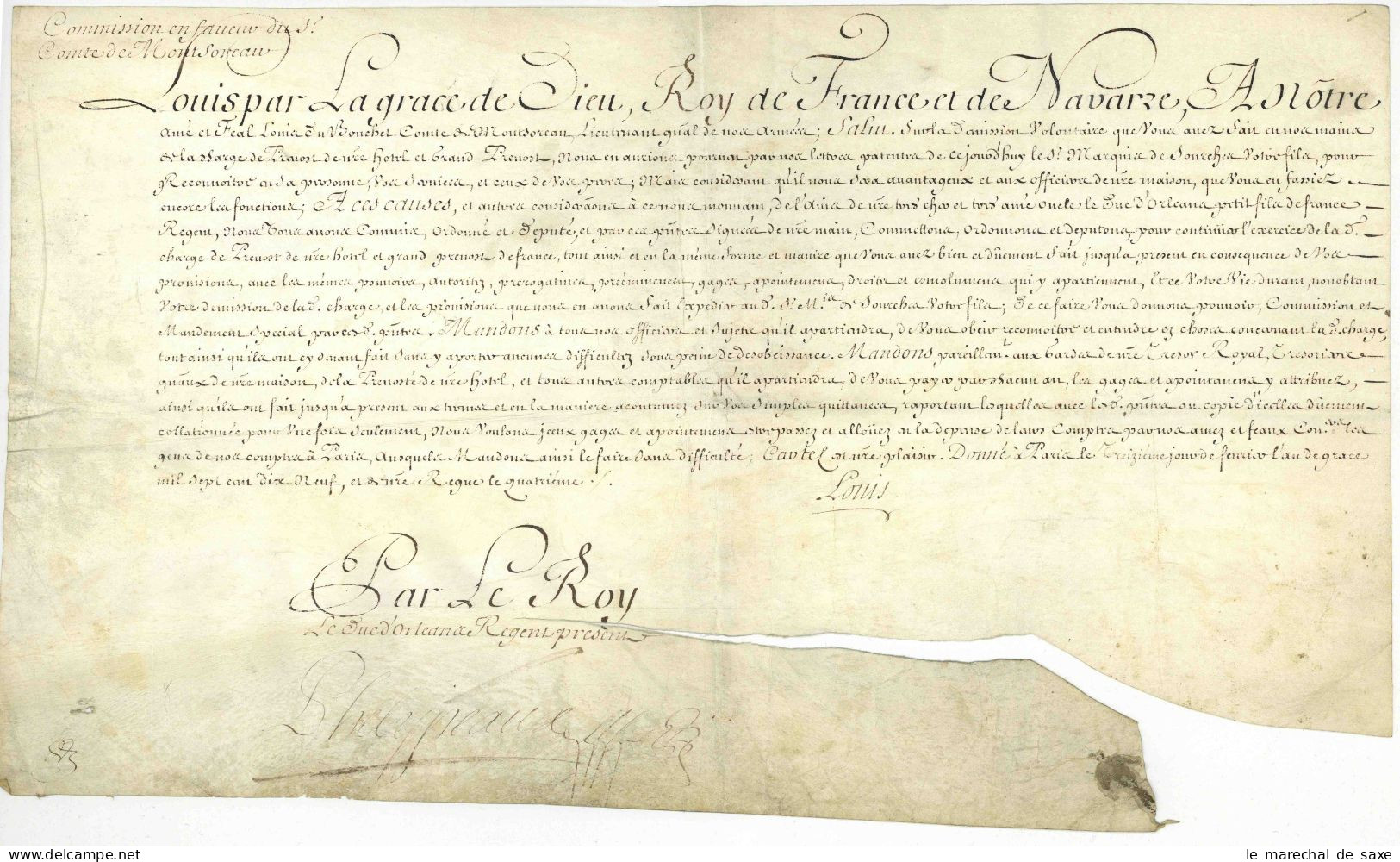 Maison Du Roi Brevet De Grand Prevot De France 1719 Louis XV Marquis De Sourches - Documenti Storici