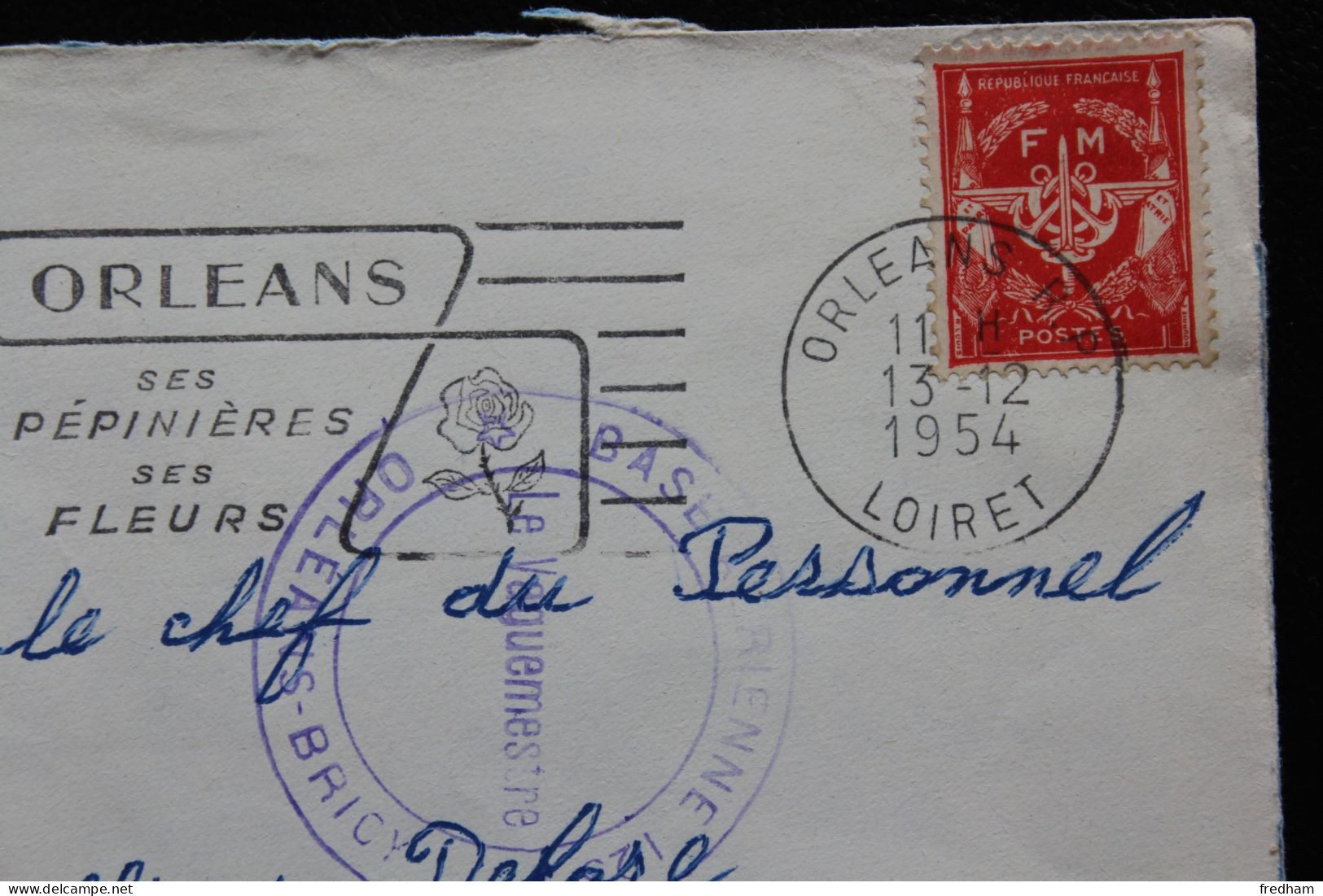 1954, FM ORLEANS CACHET BASE AERIENNE 123 ORLEANS -BRICY  FLAMME ORLEANS (ses Pépinières Ses Fleurs) 13/12/54  Y&T 12 - Correo Aéreo Militar