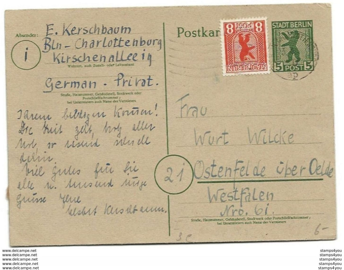 222  - 27 - Entier Postal Avec Affranchissement Comnplémetaire Envoyé De Charlottenbuirg 1946 - Interi Postali