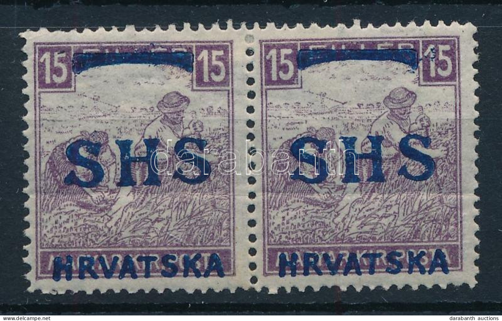 * SHS 1918 Fehérszámú Arató 15f Pár Bodor Vizsgálójellel (hajtott / Folded) (**44.000) - Sonstige & Ohne Zuordnung