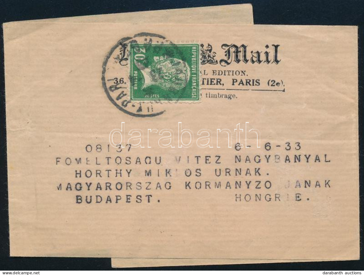 1933 Címszalag Franciaországból Horthy Miklós Kormányzónak Címezve - Other & Unclassified