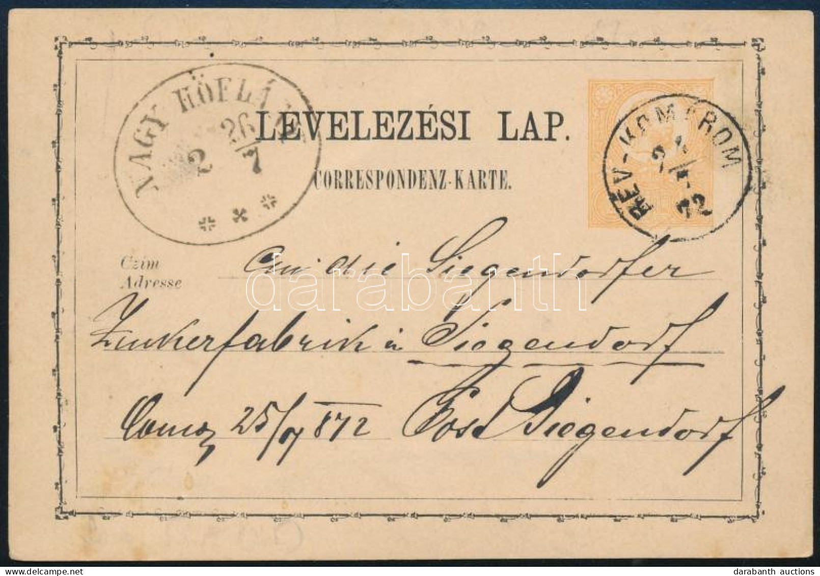 1872 2kr Díjjegyes Levelezőlap "RÉV-KOMÁROM" (Gudlin 300 Pont) - "NAGY HÖFLÁNY" (Gudlin 600 Pont) - Sonstige & Ohne Zuordnung