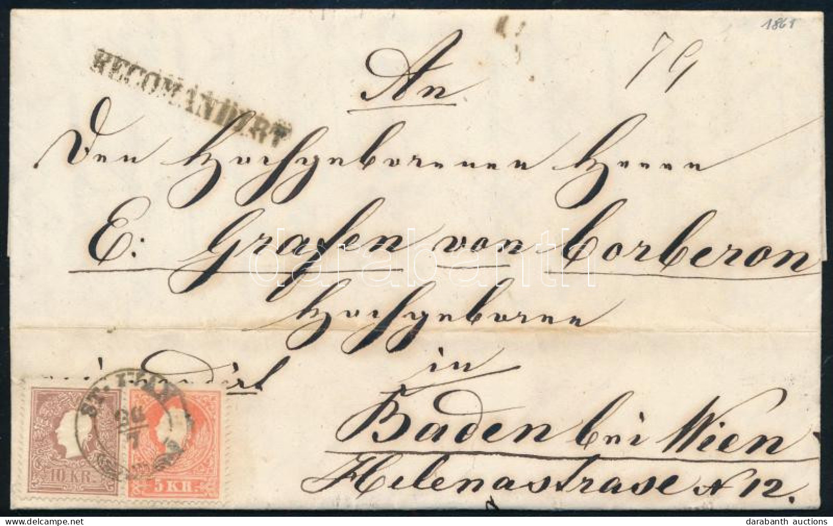 1861 5kr + 10kr + A Hátoldalon 10kr (levélbontásnál Eltépve) Ajánlott Levélen "ST. IVAN" - "BADEN" - Other & Unclassified