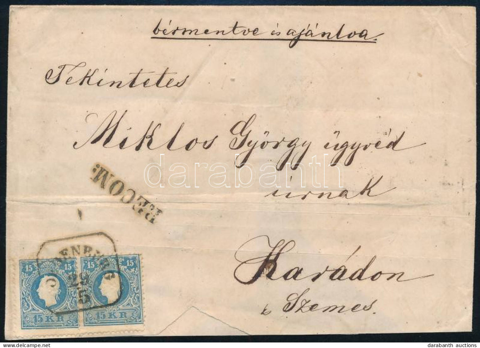 1860 2 X 15kr (egyik Lemezhibás) Ajánlott Levélen "OEDENBURG" - Karád - Otros & Sin Clasificación