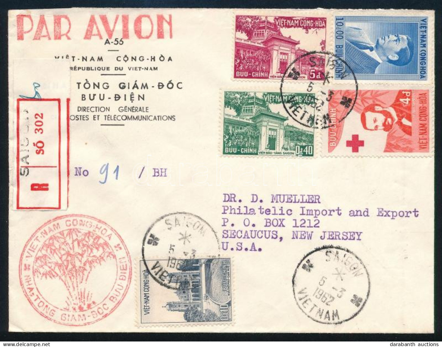 Dél Vietnam 1962 Ajánlott Légi Levél Az USA-ba Dekoratív Bérmentesítéssel - Other & Unclassified