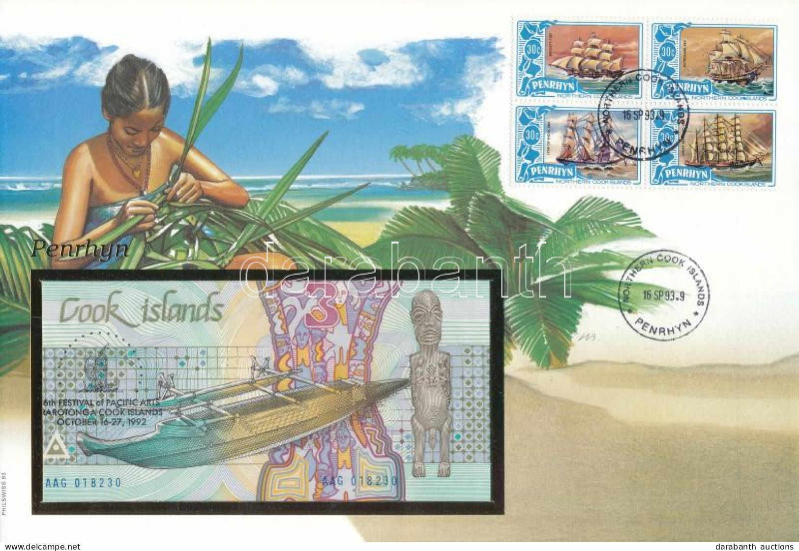 Cook-szigetek 1992. 3$ Felbélyegzett Borítékban, Bélyegzéssel T:UNC Cook Islands 1992. 3 Dollars In Envelope With Stamp  - Ohne Zuordnung