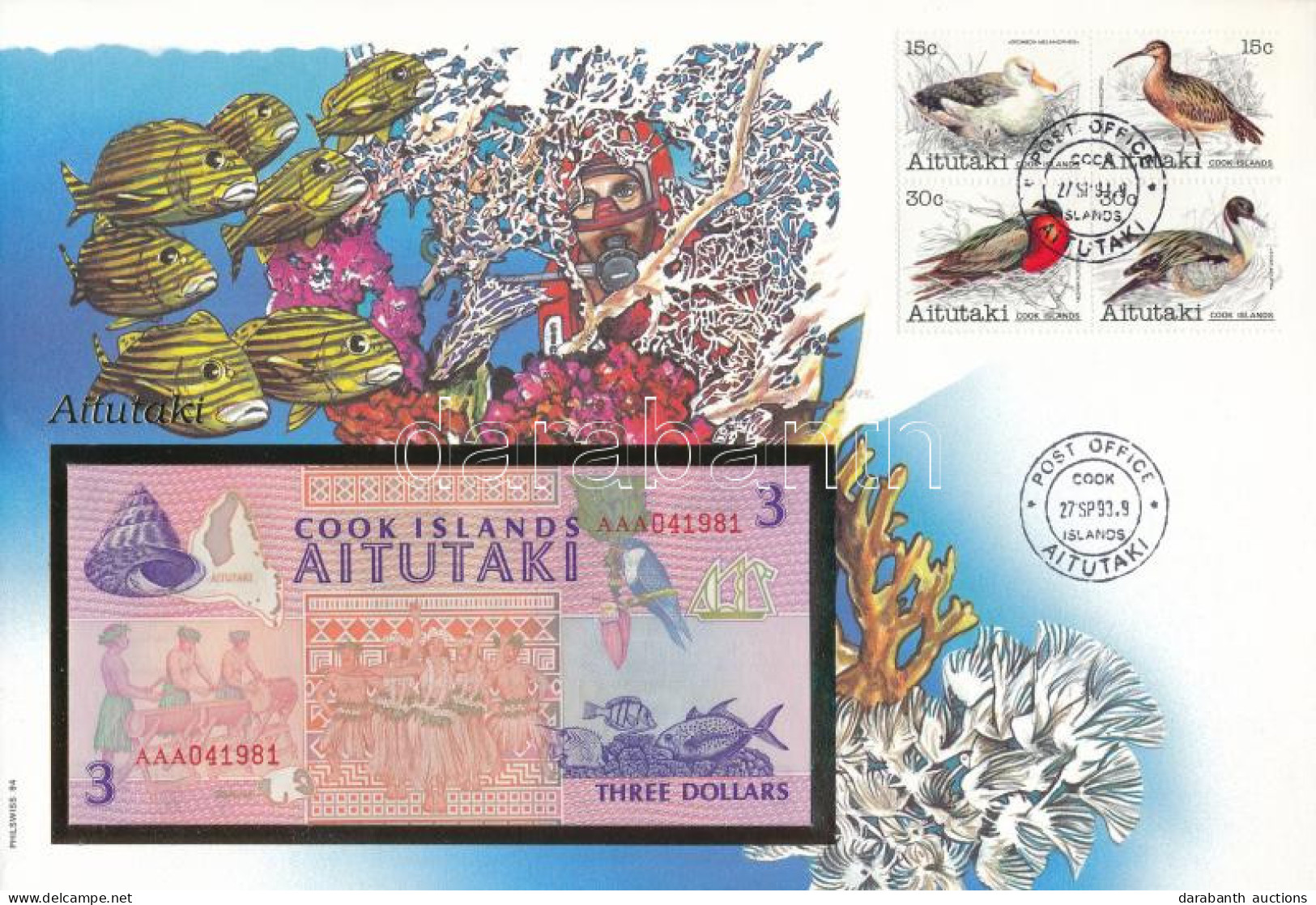 Cook-szigetek / Aitutaki 1992. 3$ Borítékban, Alkalmi Bélyegzésekkel T:UNC Cook Islands / Aitutaki 1992. 3 Dollars In En - Unclassified