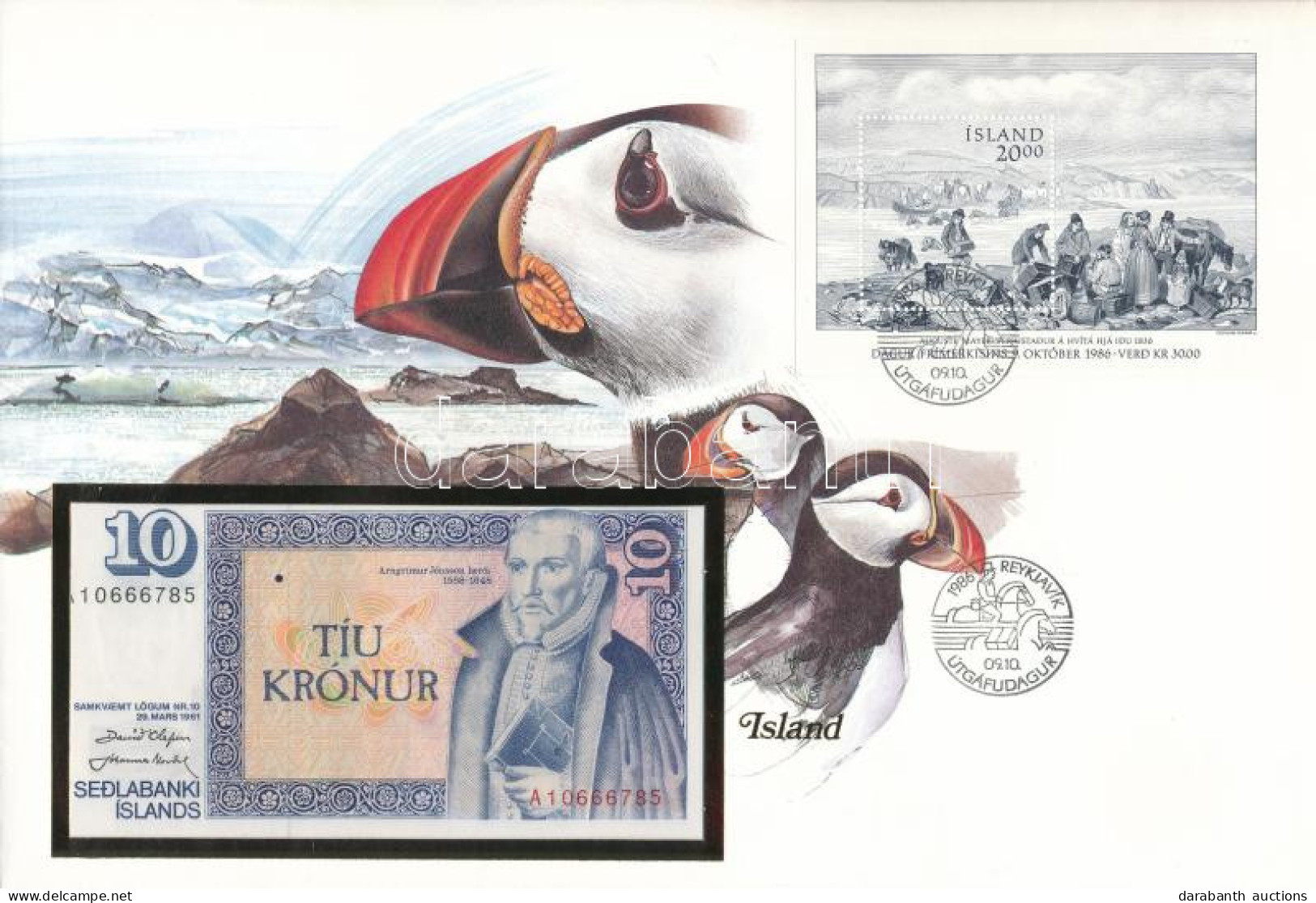 Izland 1961. 10K Borítékban Bélyeggel, Bélyegzéssel T:UNC Iceland 1961. 10 Kronur In Envelope With Stamp And Cancellatio - Ohne Zuordnung