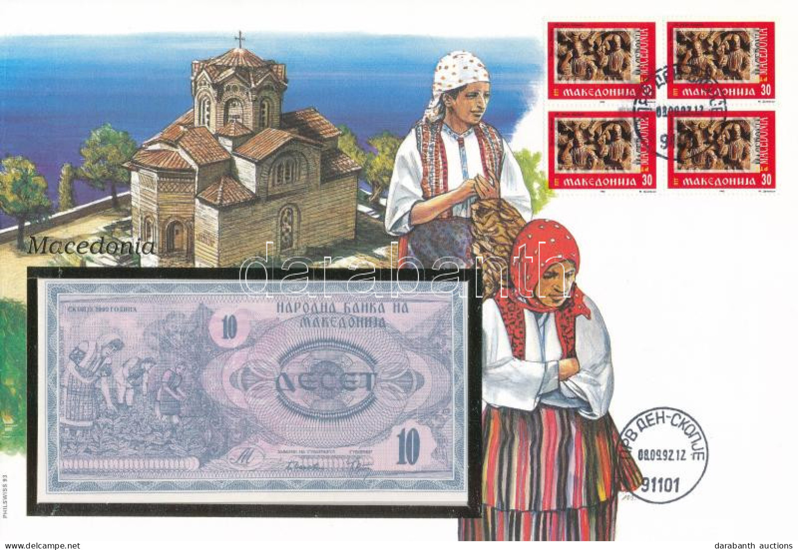 Macedónia 1992. 100D Borítékban, Alkalmi Bélyeggel és Bélyegzéssel T:UNC  Macedonia 1992. 100 Dinar In Envelope With Sta - Unclassified