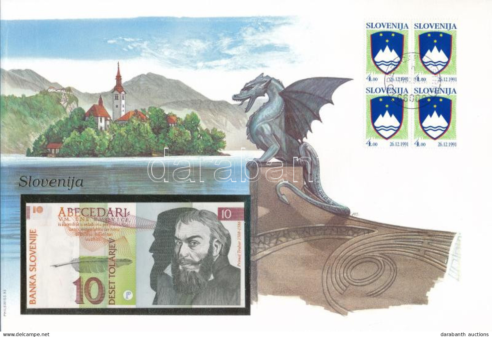 Szlovénia 1992. 10T Borítékban, Alkalmi Bélyeggel és Bélyegzéssel T:UNC Slovenia 1992. 10 Tolarjev In Envelope With Stam - Zonder Classificatie