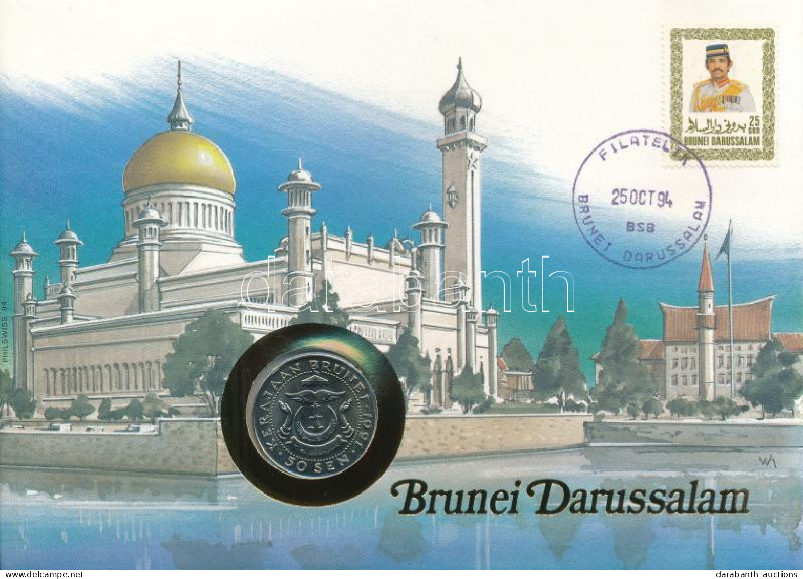 Brunei 1991. 50s Cu-Ni Felbélyegzett Borítékban, Bélyegzéssel, Német Nyelvű Leírással T:UNC Brunei 1991. 50 Sen Cu-Ni In - Non Classificati