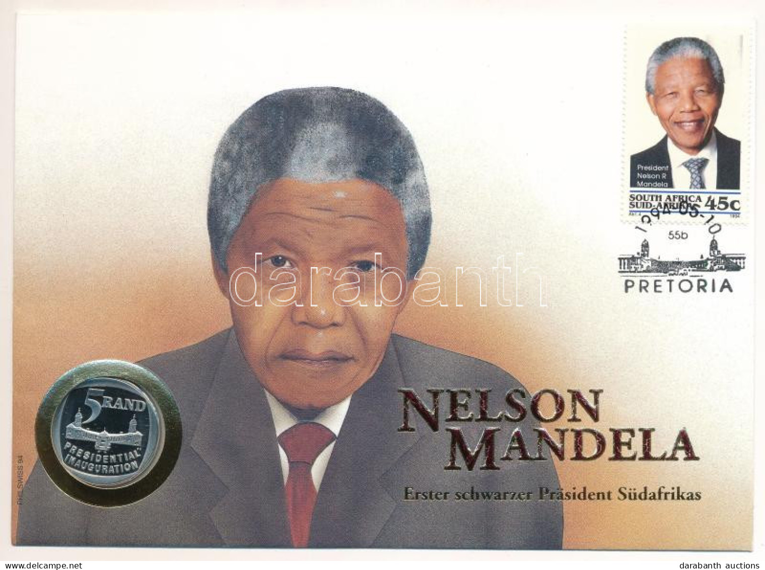 Dél-Afrika 1994. 5R "Elnöki Beiktatás" érme Bélyeges "Nelson Mandela" Borítékban, Bélyegzéssel T:PP South Africa 1994. 5 - Unclassified