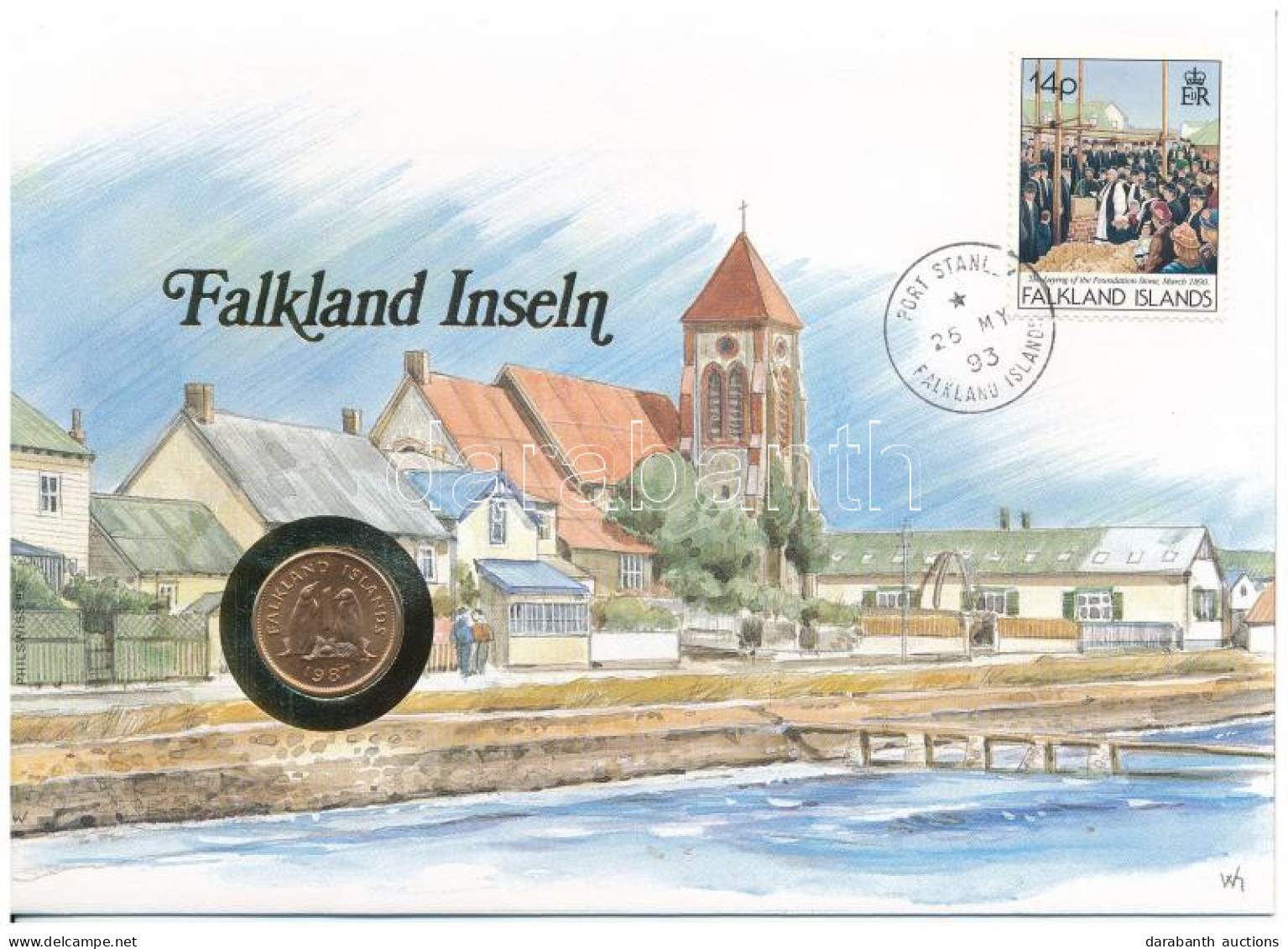 Falkland-szigetek 1987. 1p Bronz "II. Erzsébet" Emlékérme Felbélyegzett Borítékban, Bélyegzéssel, Német Nyelvű Tájékozta - Non Classés