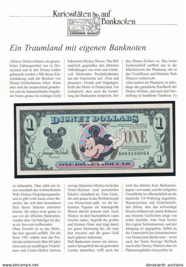 Amerikai Egyesült Államok / Disneyland 1991. 1 Disney Dollar Német Nyelvű Leírással T:I USA / Disneyland 1991. 1 Disney  - Non Classés