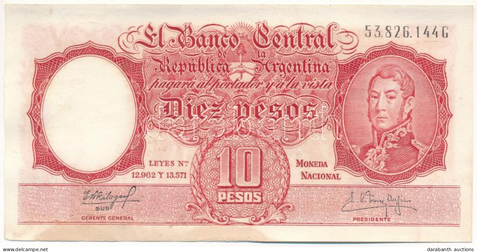 Argentína 1954-1963. 10P T:XF Hajtatlan, Fo. Argentina 1954-1963. 10 Pesos C:XF Unfolded, Spotted - Unclassified