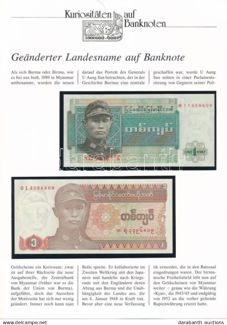 Burma 1972. 1K + Mianmar 1990. 1K Német Nyelvű Leírással T:I- Burma 1972. 1 Kyat + Mianmar 1990. 1 Kyat With German Desc - Sin Clasificación