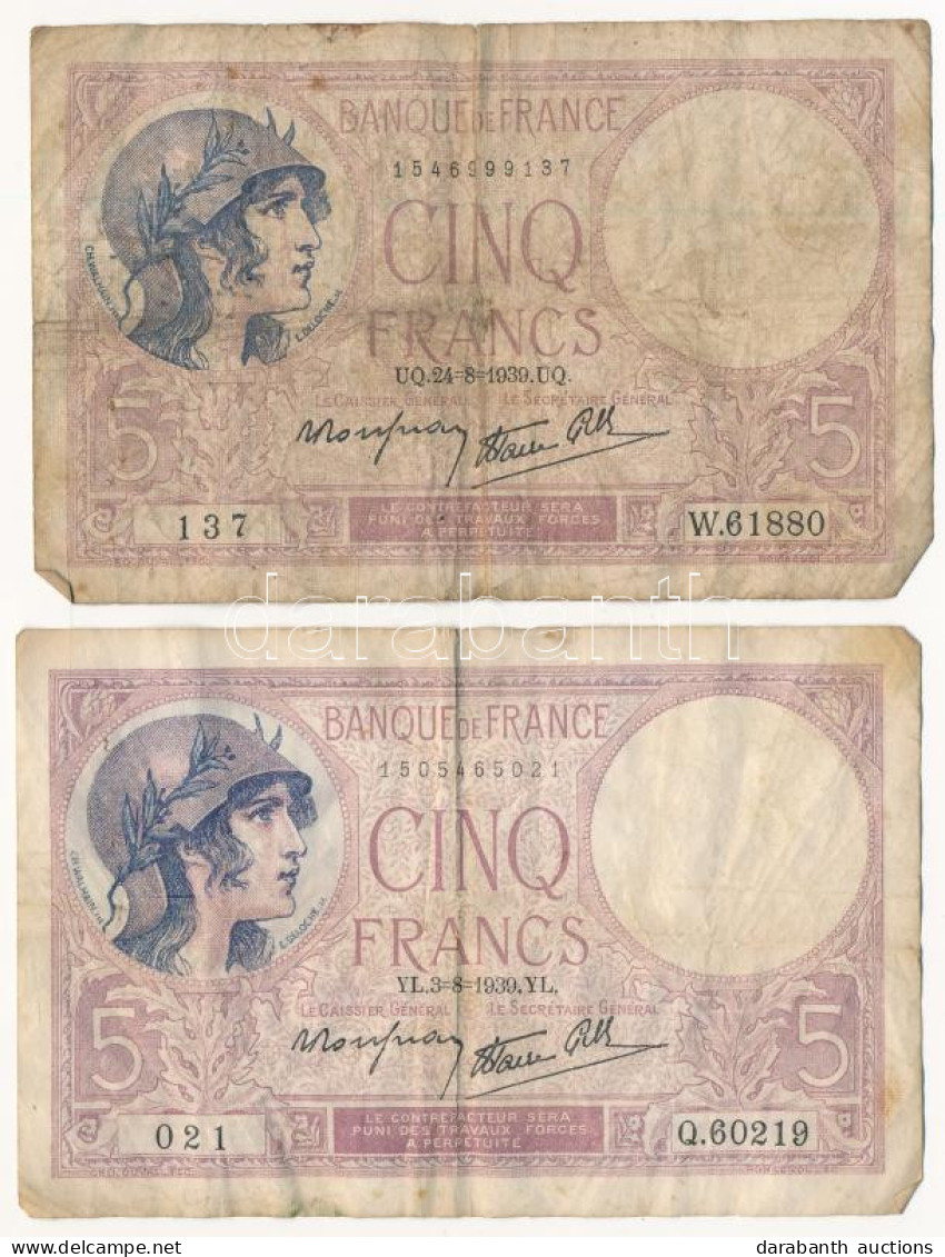 Franciaország 1939. 5Fr (2xklf) T:F,VG Tűly. France 1939. 5 Francs (2xklf) C:F,VG Pinholes Krause P#83 - Non Classés