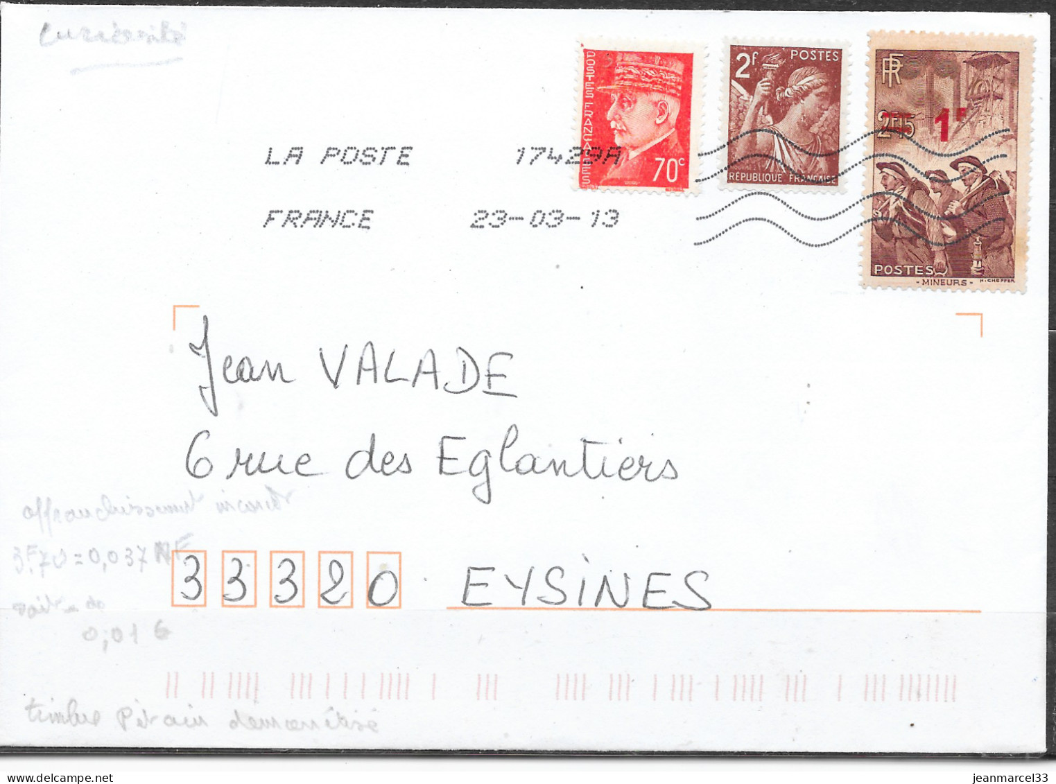 Affranchissement En Anciens Francs Voir Démonétisé Pour Le Pétain, Correspond A Une Valeur De 0,01 € Le 23-03-13 - Lettres & Documents