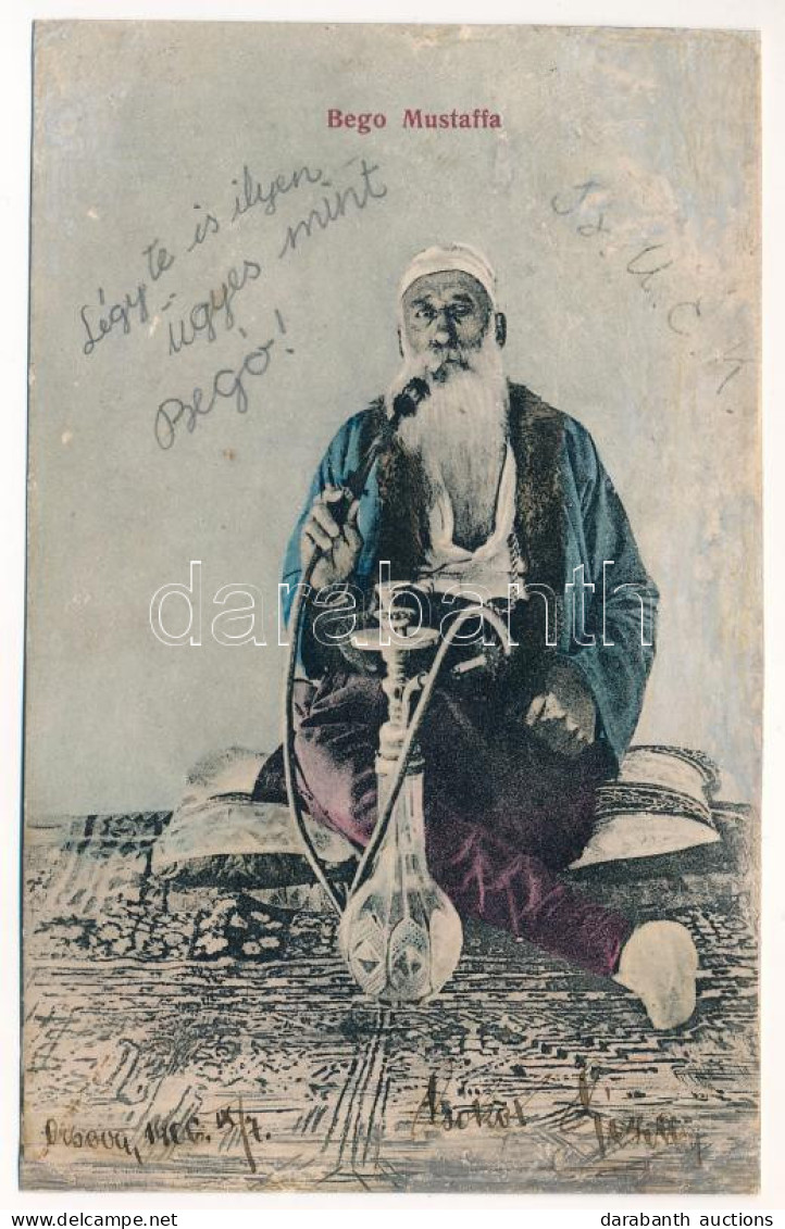 * T4 1906 Ada Kaleh, Bego Mustaffa Török Férfi Vízipipázik / Turkish Man With Hookah, Shisha (r) - Non Classés