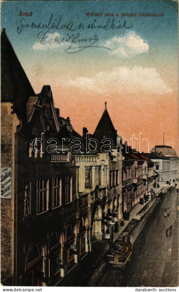 T3 1923 Arad, Weitzer Utca, Polgári Fiúiskola, úri Szabóság. Kerpel Izsó Kiadása / Street View, Boys' School (szakadás / - Ohne Zuordnung