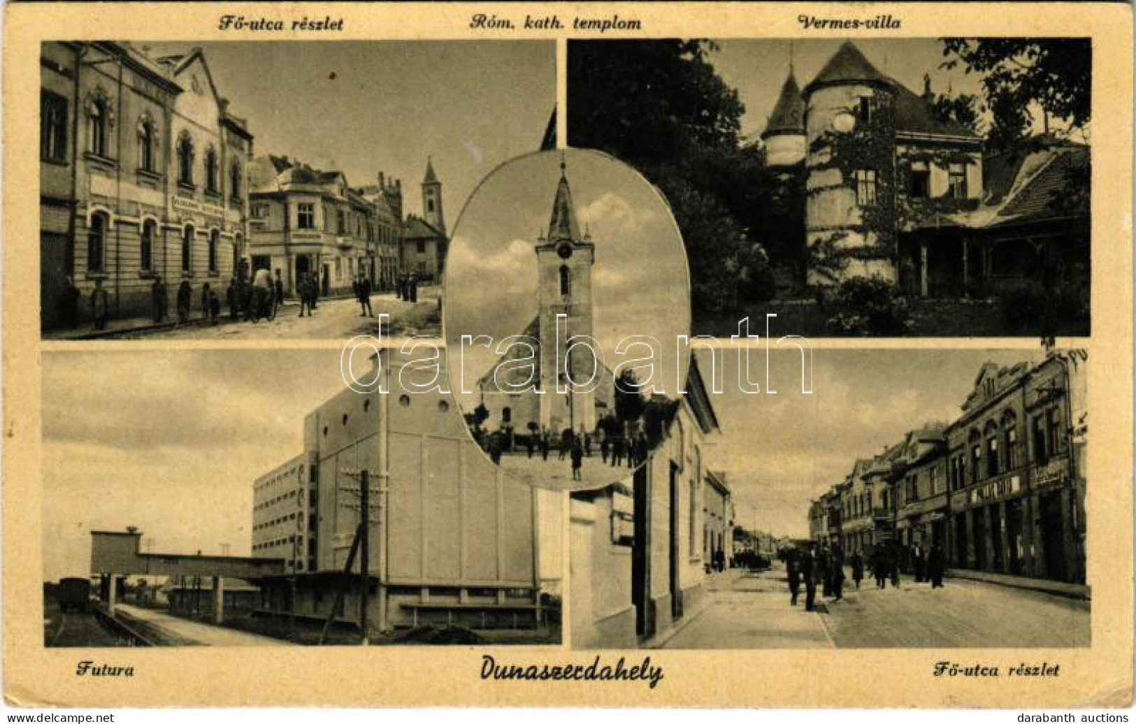 T2/T3 1942 Dunaszerdahely, Dunajská Streda; Fő Utca, Futura, Római Katolikus Templom, Vermes Villa, Pollák Dávid üzlete. - Unclassified