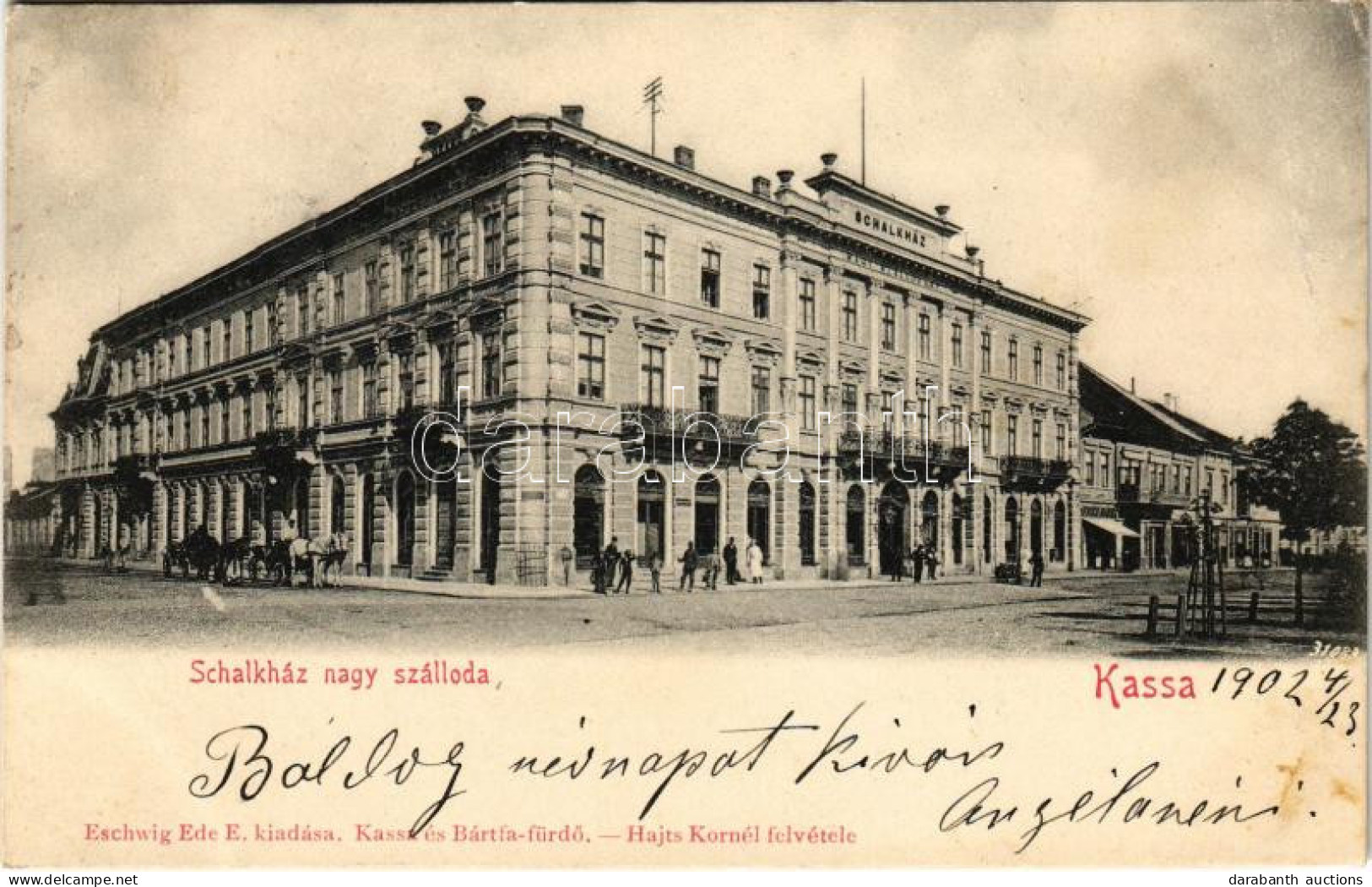 T2/T3 1902 Kassa, Kosice; Schalkház Nagyszálloda, Fried Márk üzlete. Eschwig Ede E. Kiadása / Hotel, Tram, Shops (EB) - Zonder Classificatie