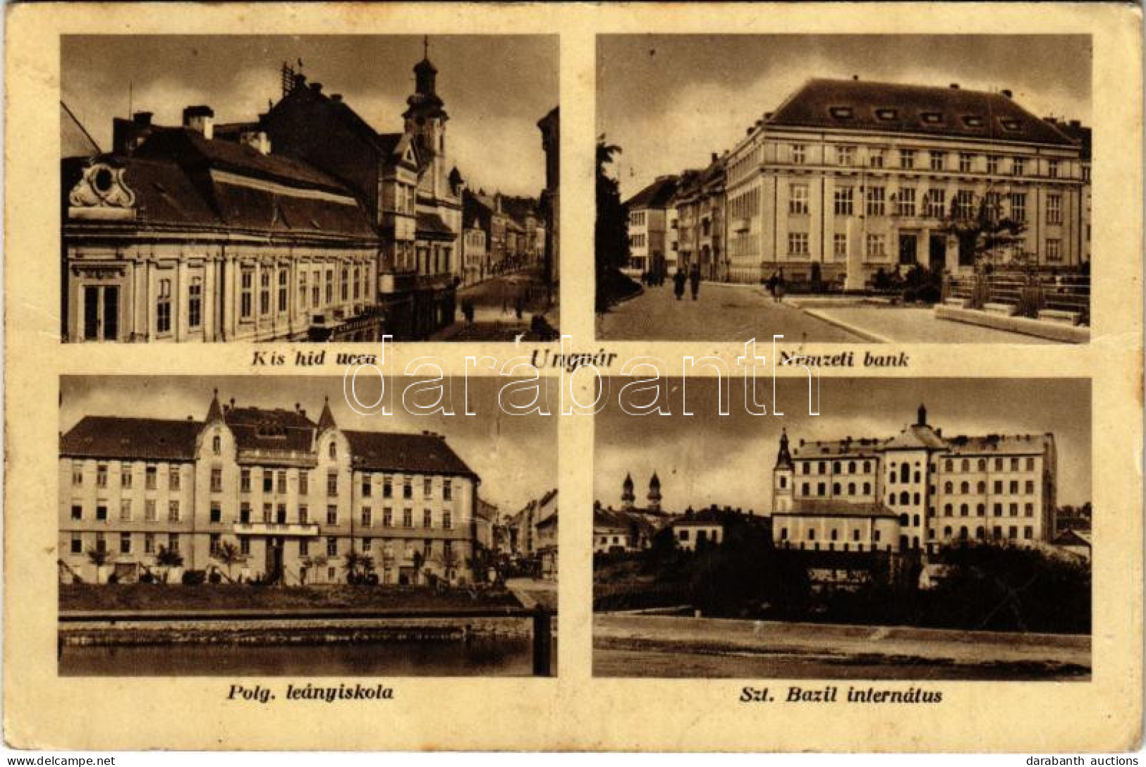 T2/T3 1939 Ungvár, Uzshorod, Uzhhorod, Uzhorod; Kis Híd Utca, Nemzeti Bank, Polgári Leányiskola, Szent Bazil Internátus. - Unclassified
