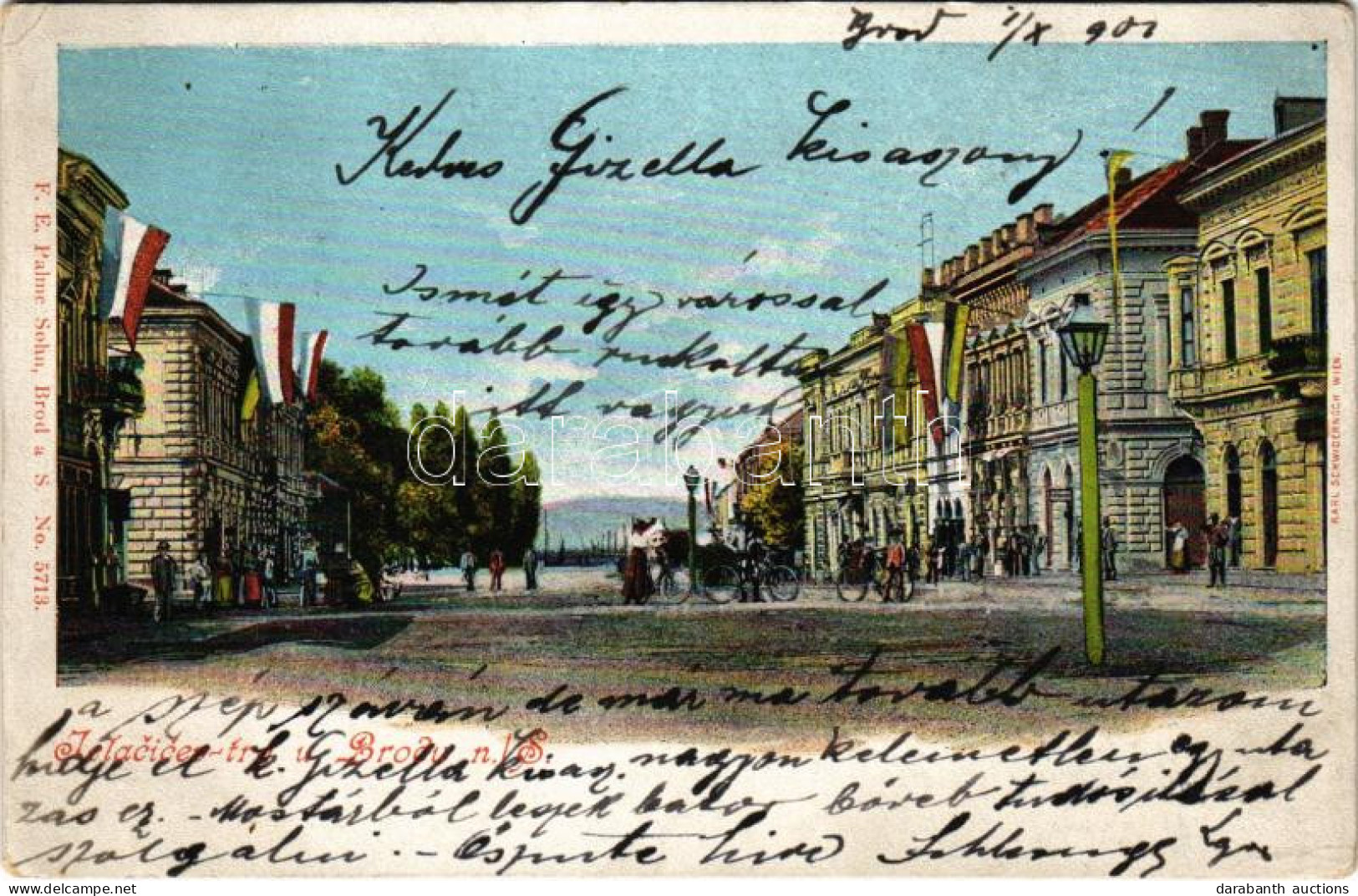 T2/T3 1901 Bród, Nagyrév, Slavonski Brod, Brod Na Savi; Jelacicev Trg / Tér Magyar Zászlókkal / Square With Hungarian Fl - Non Classificati