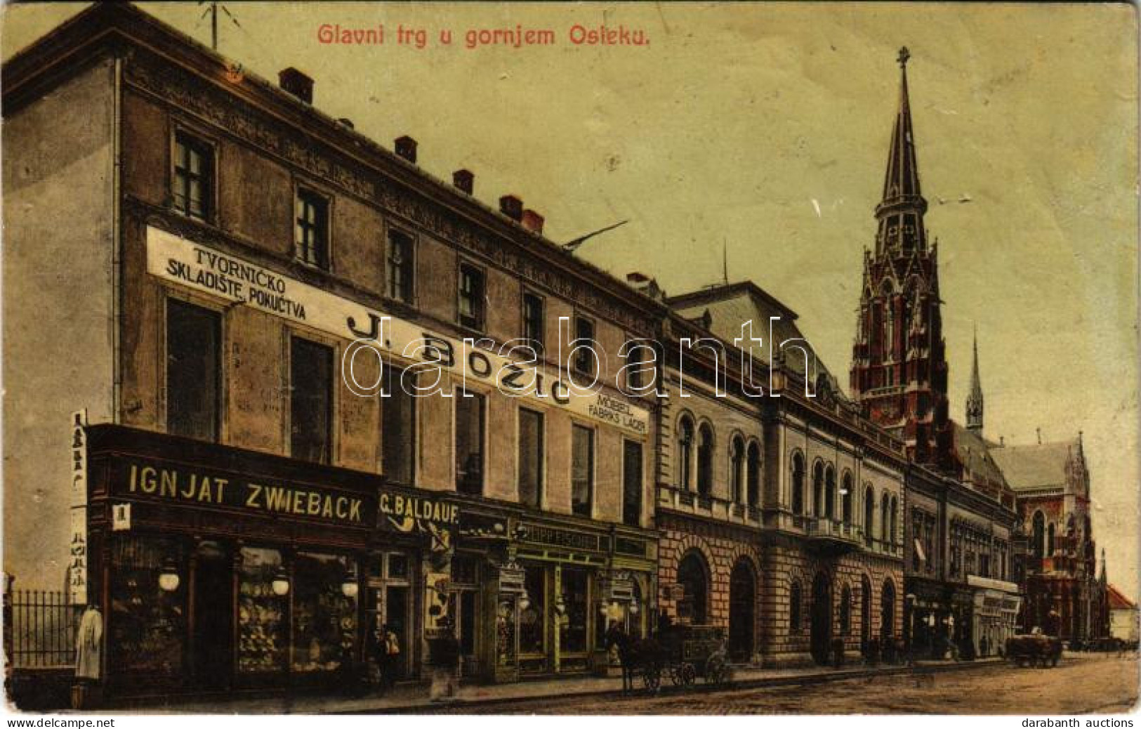 T3/T4 1907 Eszék, Essegg, Osijek; Glavni Trg U Gornjem Osieku / Fő Tér, Plébániatemplom, J. Bozic Bútor Raktára, Ignjat  - Non Classificati