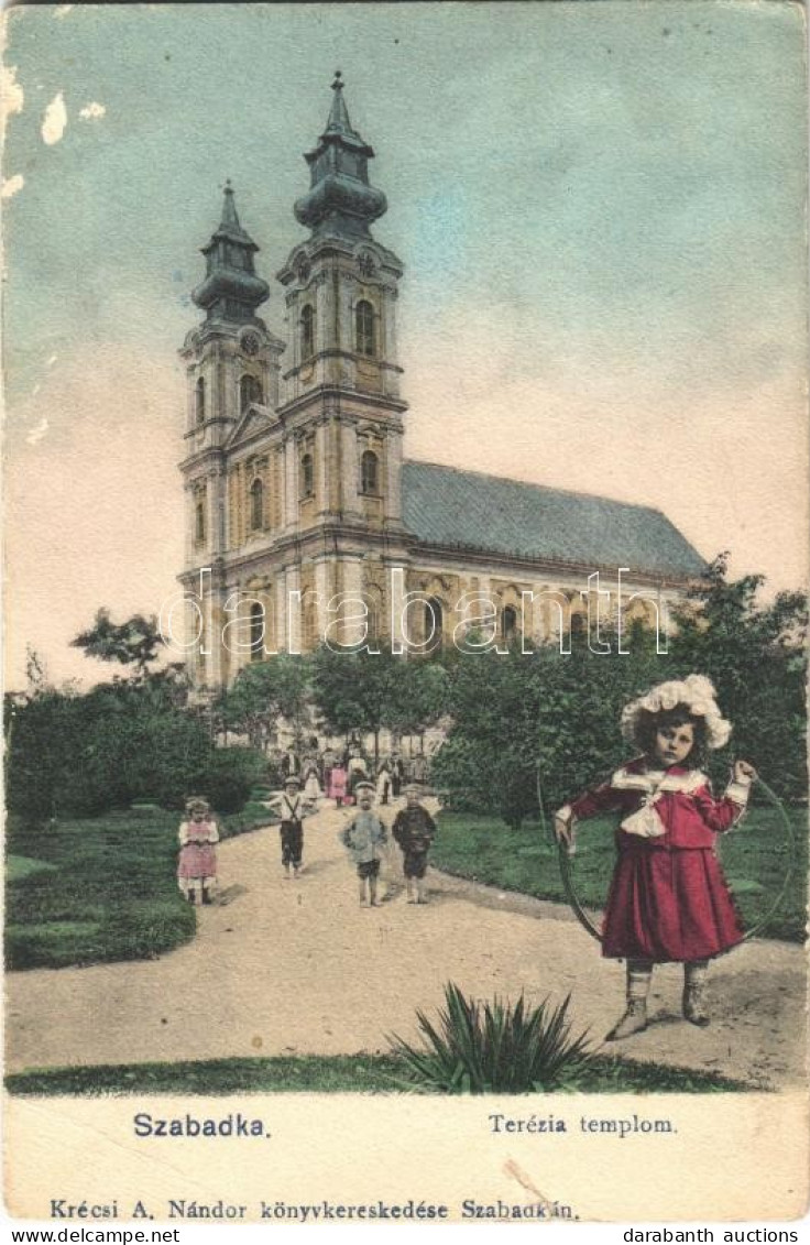 T3 1907 Szabadka, Subotica; Terézia Templom. Krécsi A. Nándor Kiadása. Montázs Hulahopp Karikás Kislánnyal / Church. Mon - Non Classés