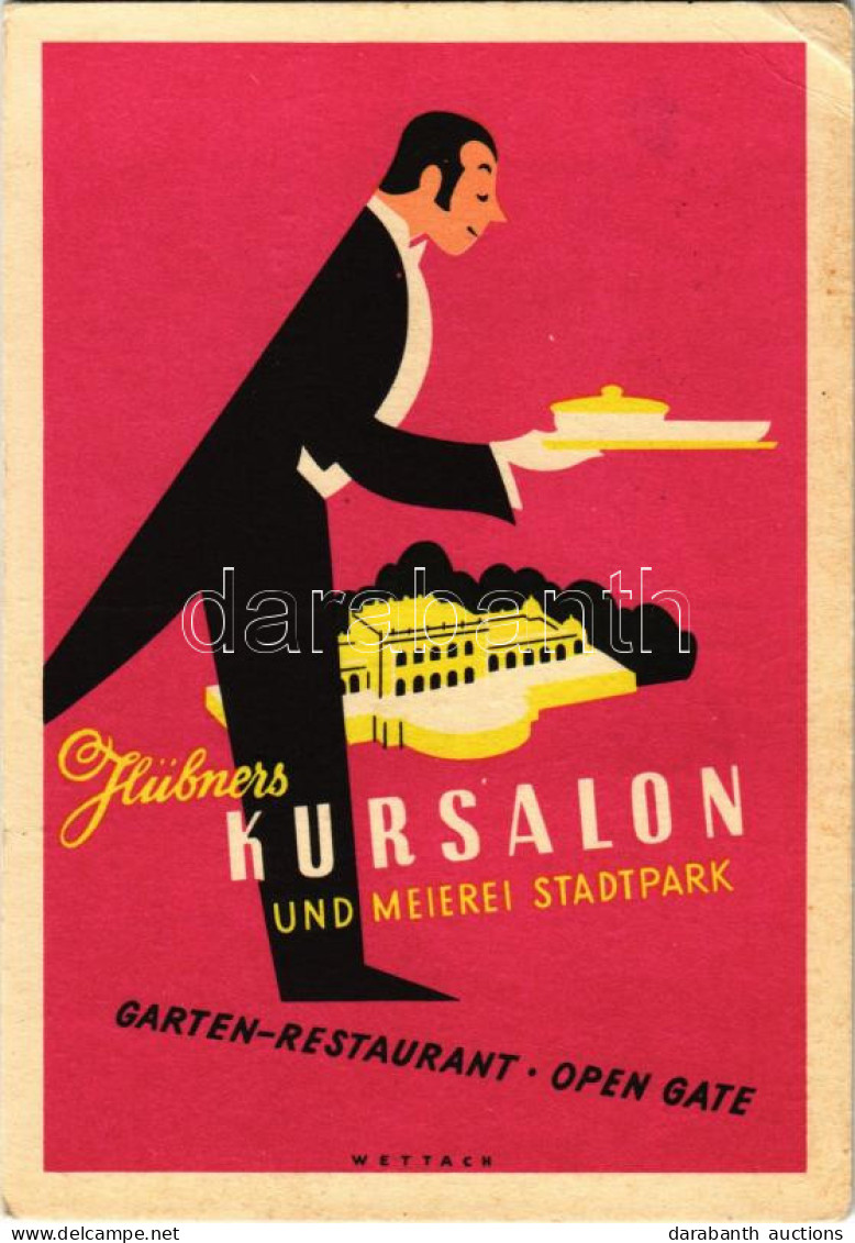 T2/T3 1957 Wien, Vienna, Bécs; Hübners Kursalon Und Meierei Stadtpark. Wettach / Restaurant With Park, Waiter, Advertism - Ohne Zuordnung