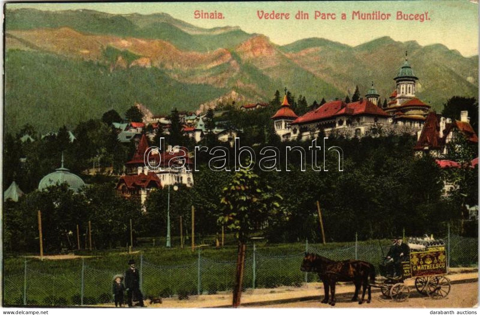 ** T3 Sinaia, Vedere Din Parc A Muntilor Bucegi / Park, Castle, Villas, Horse Cart With G. Matheescu's Advertisement (r) - Non Classificati