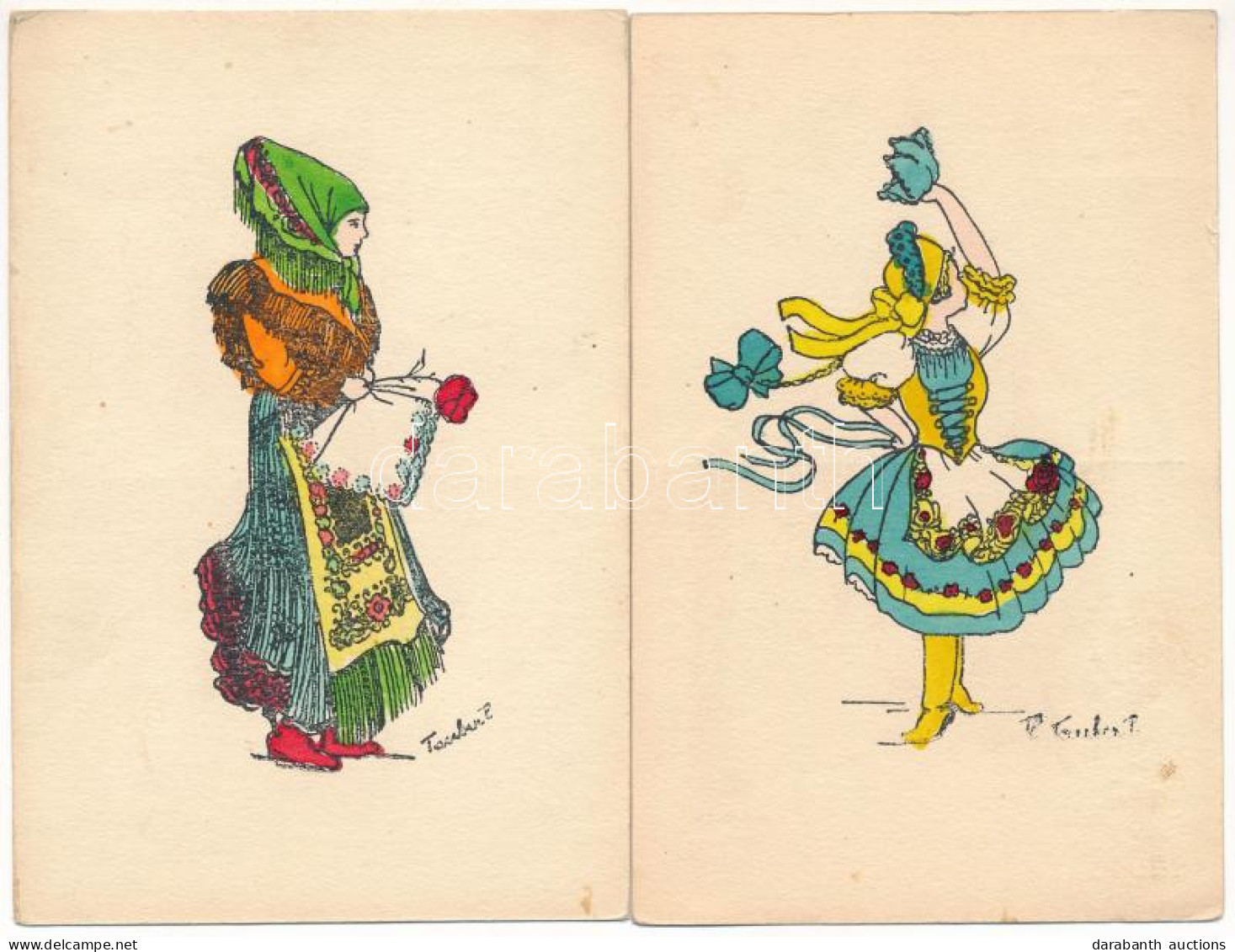 ** 2 Db RÉGI Magyar Népviseletes Folklór Művészlap, Tauber Szignóval / 2 Pre-1945 Hungarian Folklore Art Postcards, Sign - Unclassified