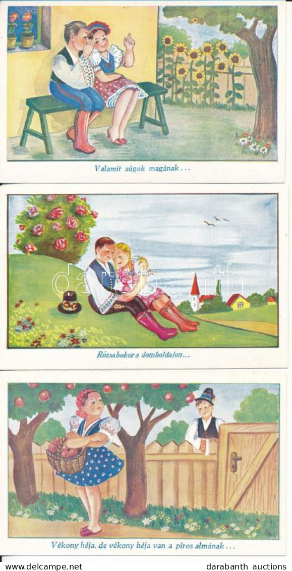 ** 3 Db RÉGI Magyar Népviseletes Folklór Művészlap: Nótás Grafika, Népdalok / 3 Pre-1945 Hungarian Folklore Art Postcard - Unclassified