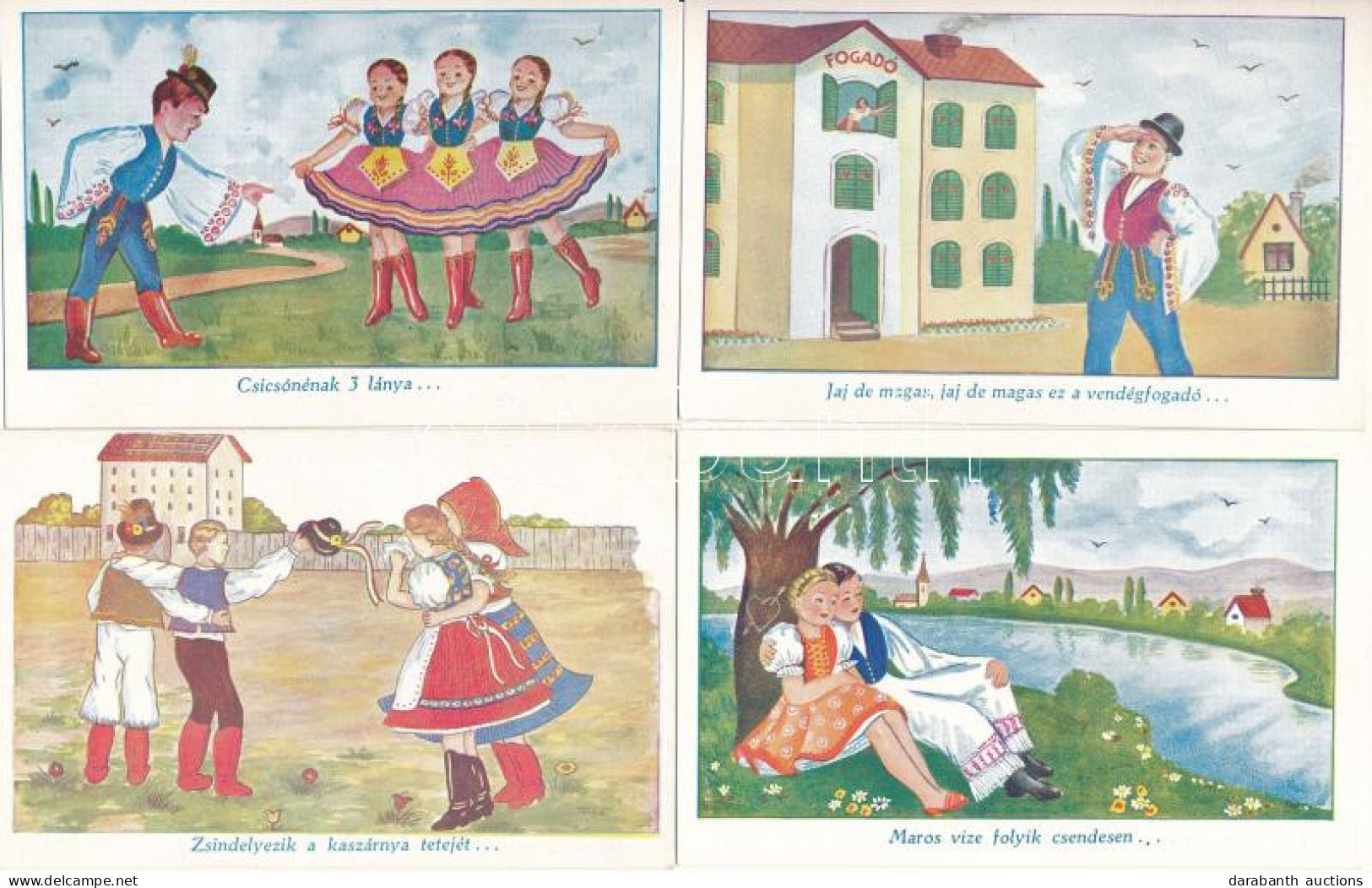 ** 4 Db RÉGI Magyar Népviseletes Folklór Művészlap: Nótás Grafika, Népdalok / 4 Pre-1945 Hungarian Folklore Art Postcard - Non Classificati