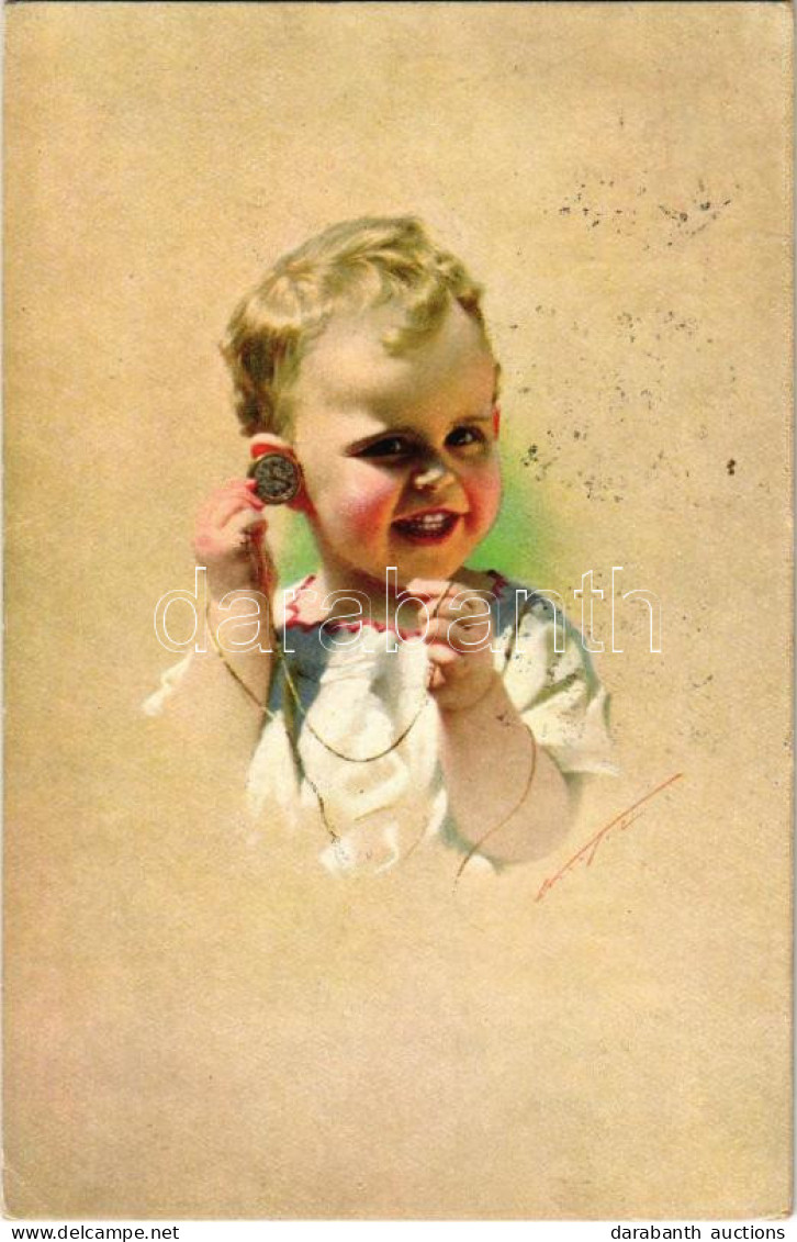 T2/T3 1918 Gyerek Zsebórával, Művész Aláírásával / Child With Pocket Watch, Artist Signed + "Magyar Köztársaság 1918. No - Ohne Zuordnung