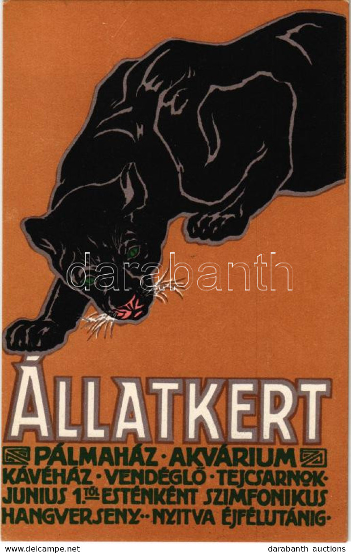 ** T1 Budapest Székesfővárosi Állatkert Reklámlapja: Fekete Párduc / Budapest Zoo Advertisement Art Postcard. Black Pant - Unclassified