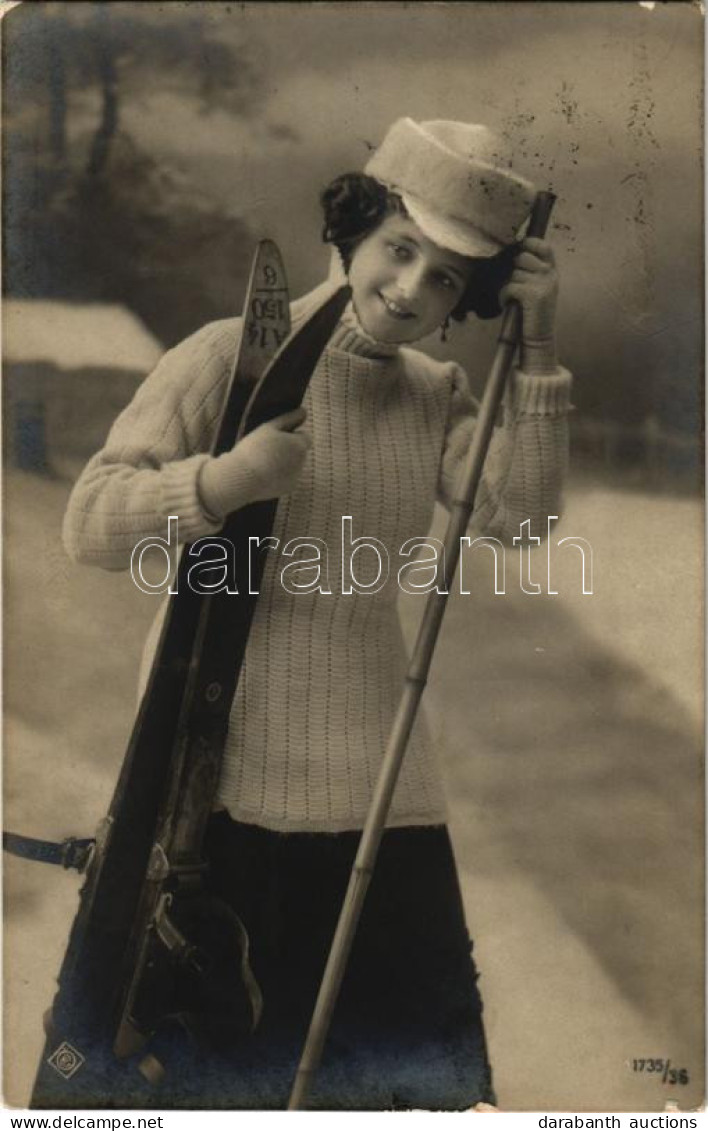 T2/T3 1910 Hölgy Síléccel, Téli Sport / Lady With Skis, Winter Sport, Photo (kopott Sarkak / Worn Corners) - Non Classés
