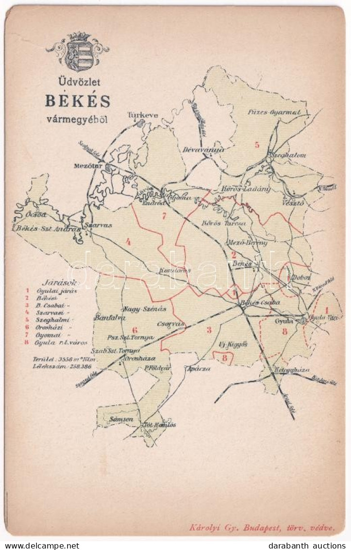 ** T2/T3 Békés Vármegye Térképe. Kiadja Károlyi Gy. / Map Of Békés County - Sin Clasificación