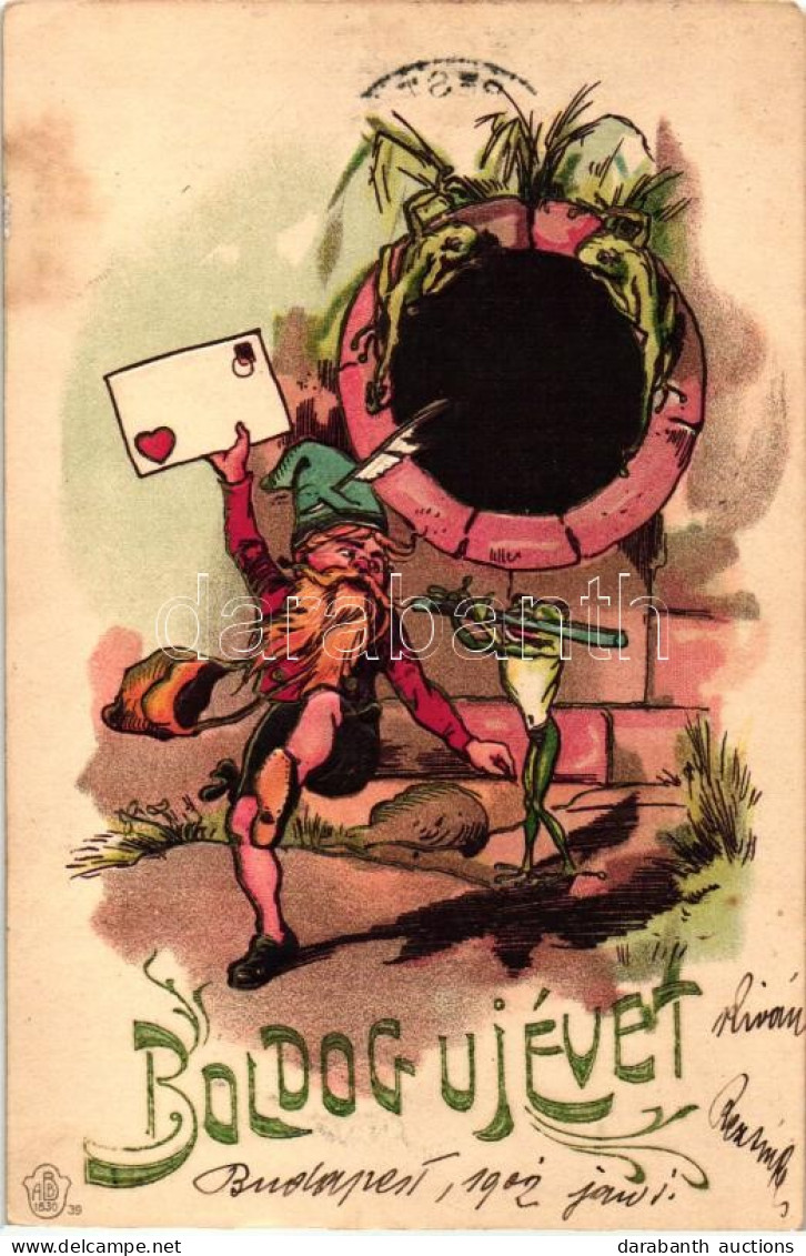 T2/T3 1901 Boldog Újévet! / New Year Greeting Card. Dwarf With Frog Playing On The Flute. Emb. Litho (EM) - Unclassified