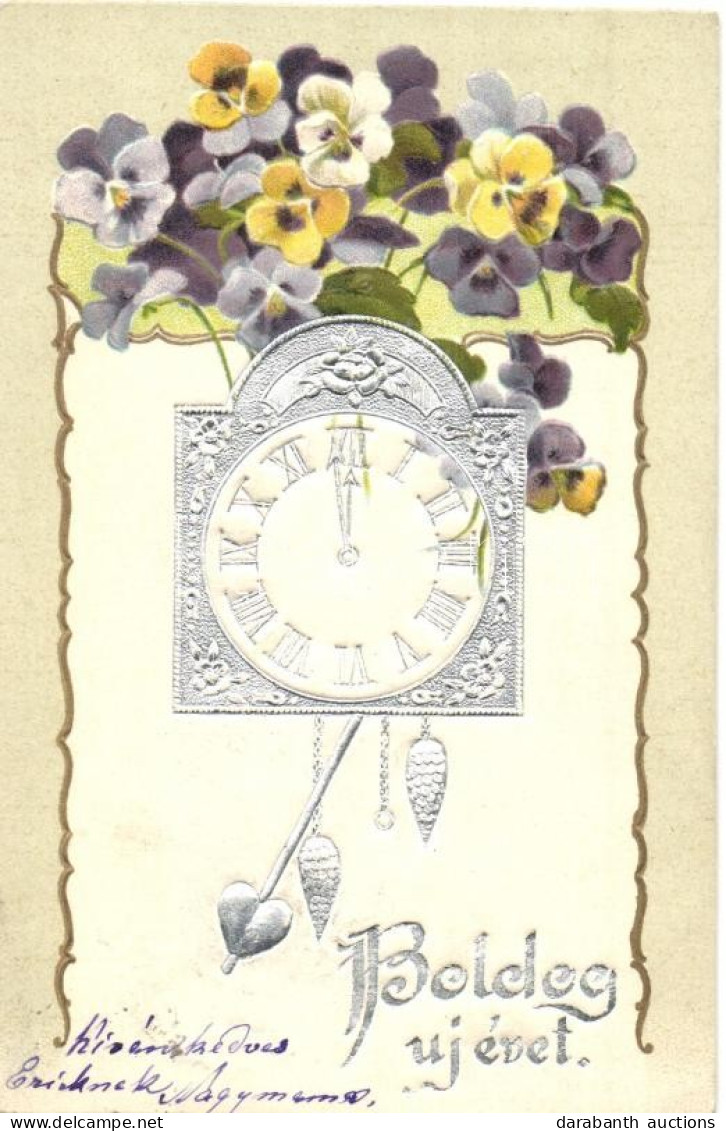 T2 Boldog újévet! / New Year Greeting Art Postcard. Silver Floral Litho - Sin Clasificación