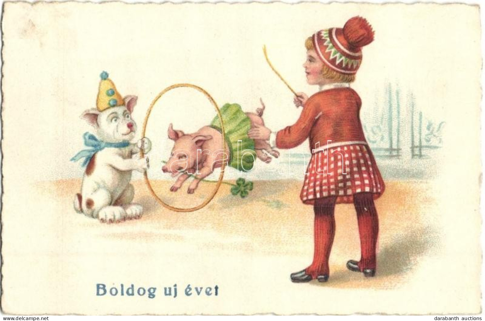 T2/T3 Boldog Újévet! / New Year Greeting Art Postcard With Circus Dog And Pig. Litho (EK) - Ohne Zuordnung