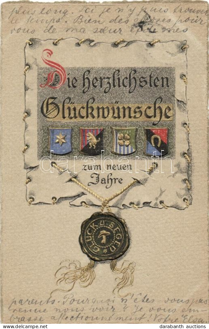 T2 'Die Herzlichsten Glückwünsche Zum Neuen Jahre' / New Year, Humorous Coat Of Arms With Pig, Clover, Horseshoe, Emb.,  - Ohne Zuordnung