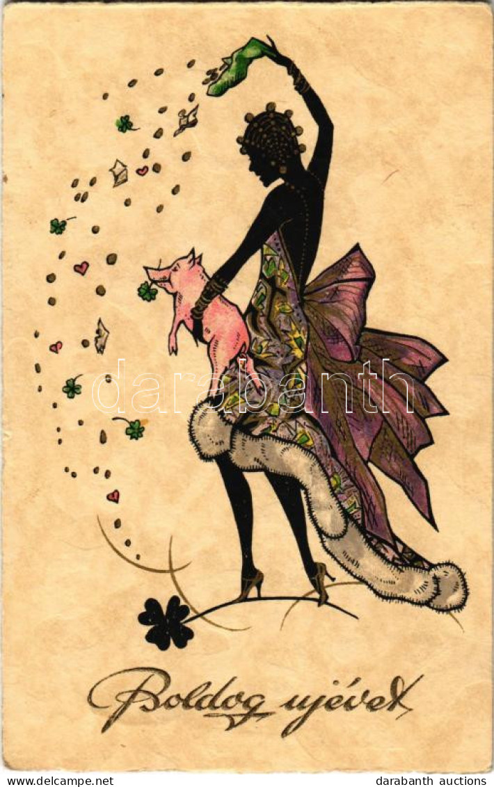 T2 Boldog Újévet! / New Year Greeting Art Postcard, Lady With Pig, Golden Decorated - Non Classificati