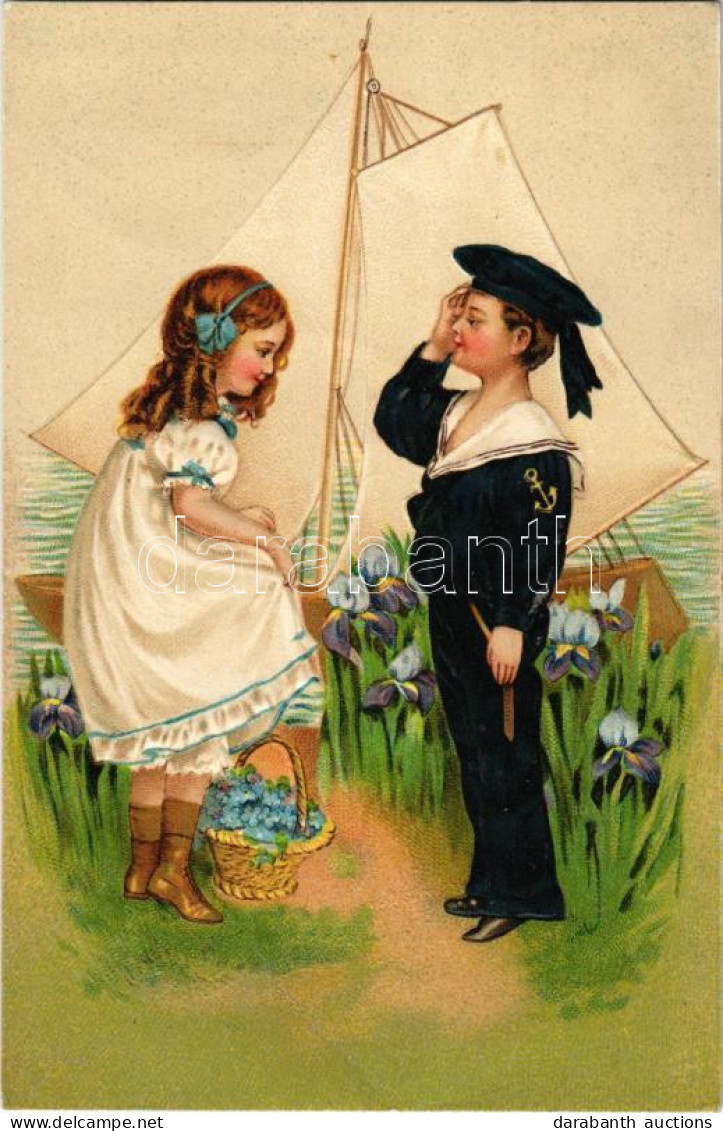 T2/T3 1910 A Kis Hölgy és A Tengerész. Dombornyomott Litho üdvözlőlap / Girl And Mariner. Emb. Litho - Ohne Zuordnung