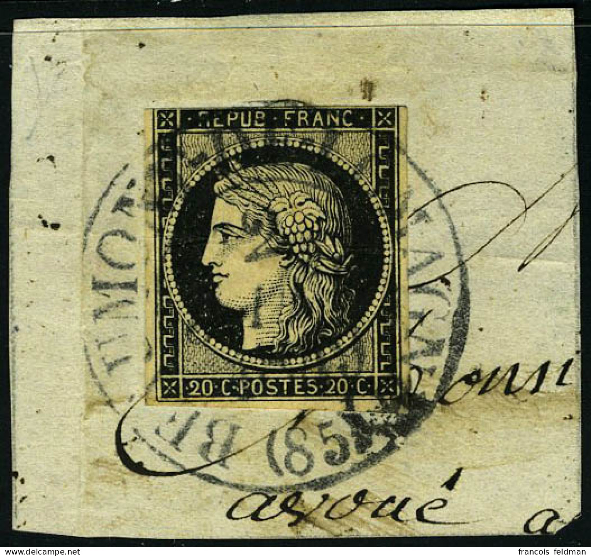 Fragment N° 3, 20c Noir Obl S/frgt Beaumont Du 2 Janv 49, Cachet Type 13 Très Belle Frappe, Filet Légèrement Touché En H - Altri & Non Classificati