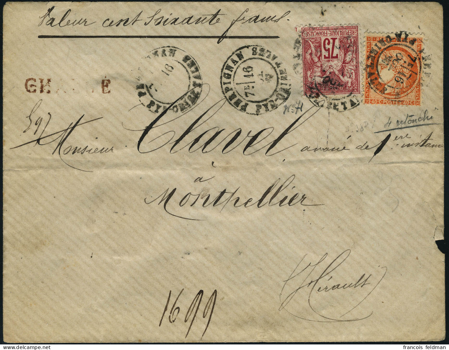 Lettre N° 38d. 40c Variété 4 Large + 75c Sage (N° 71) S/L. Chargée (cachet De Chargement Au Verso) Pour Montpellier, Arr - Other & Unclassified